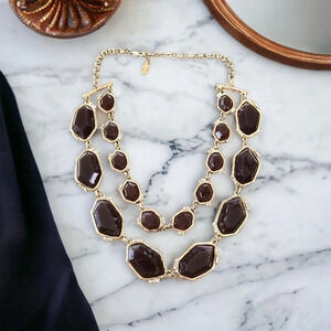 Ann Taylor Gold Tone Two Tiered Faceted Brown Statement Necklace Fashion Career